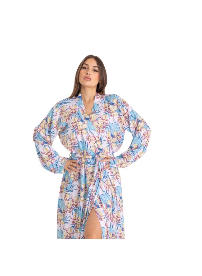 ZECOTEX Women's Premium Cotton Tropical Printed Full-Length Long Sleeve Wrap Robe with Waist Tie - Image 5