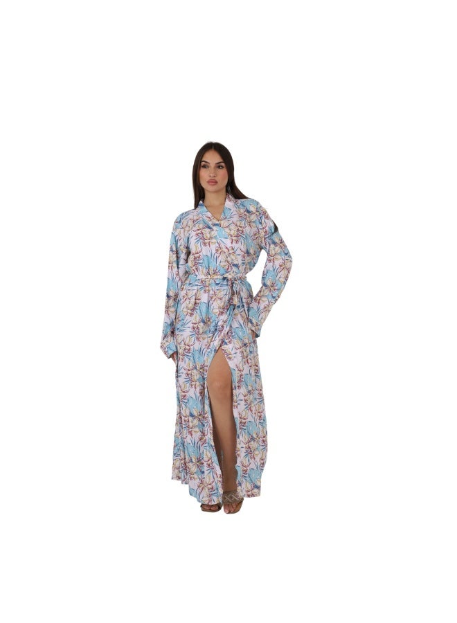 ZECOTEX Women's Premium Cotton Tropical Printed Full-Length Long Sleeve Wrap Robe with Waist Tie - Image 1