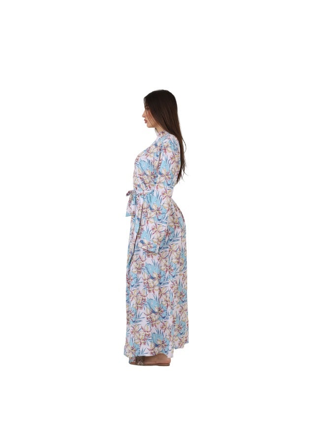 ZECOTEX Women's Premium Cotton Tropical Printed Full-Length Long Sleeve Wrap Robe with Waist Tie - Image 4