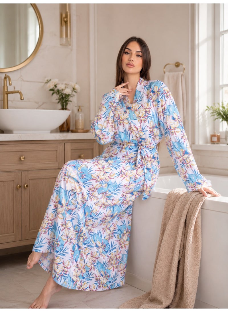ZECOTEX Women's Premium Cotton Tropical Printed Full-Length Long Sleeve Wrap Robe with Waist Tie - Image 2