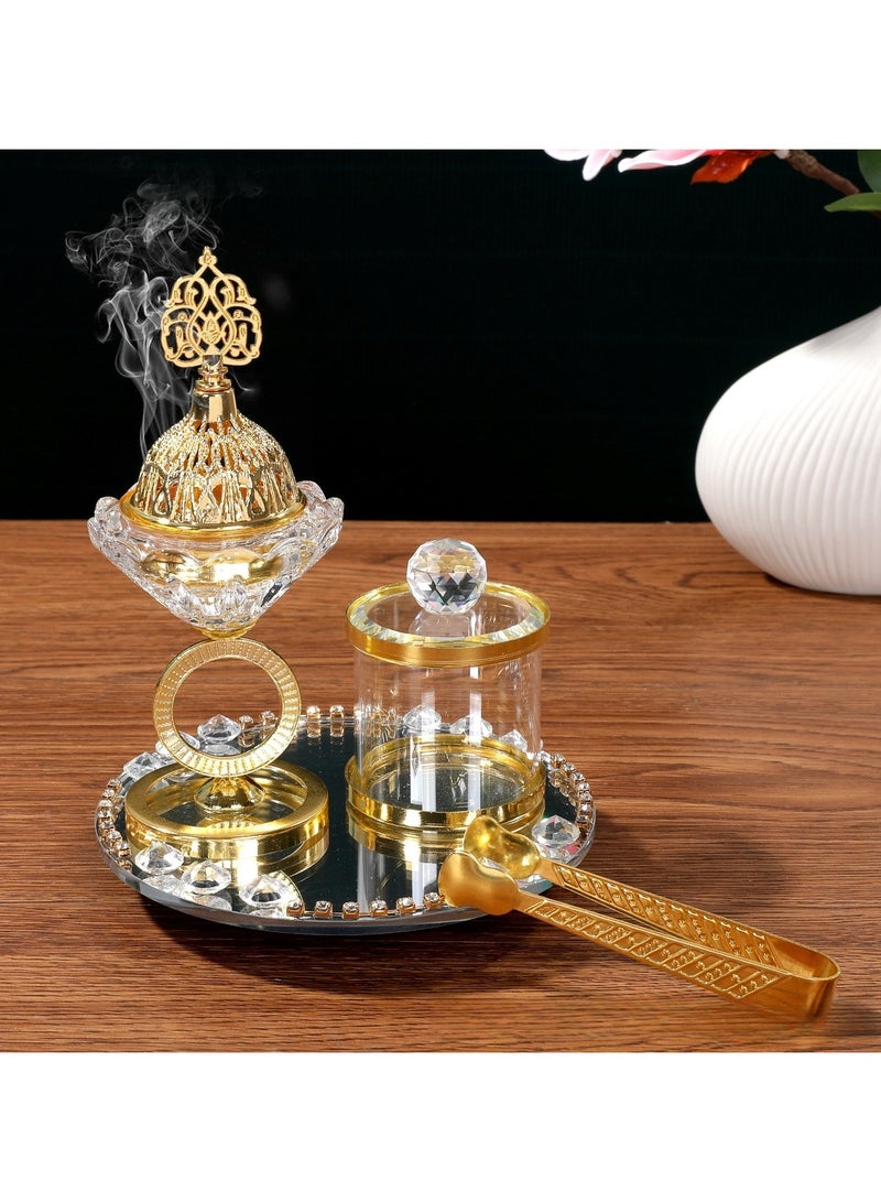 طقم مبخرة فحم، مبخرة عود، مبخرة فحم، مجموعة كريستالية - 3 قطع، طقم مبخرة مطلية بالذهب الفاخر - Image 1