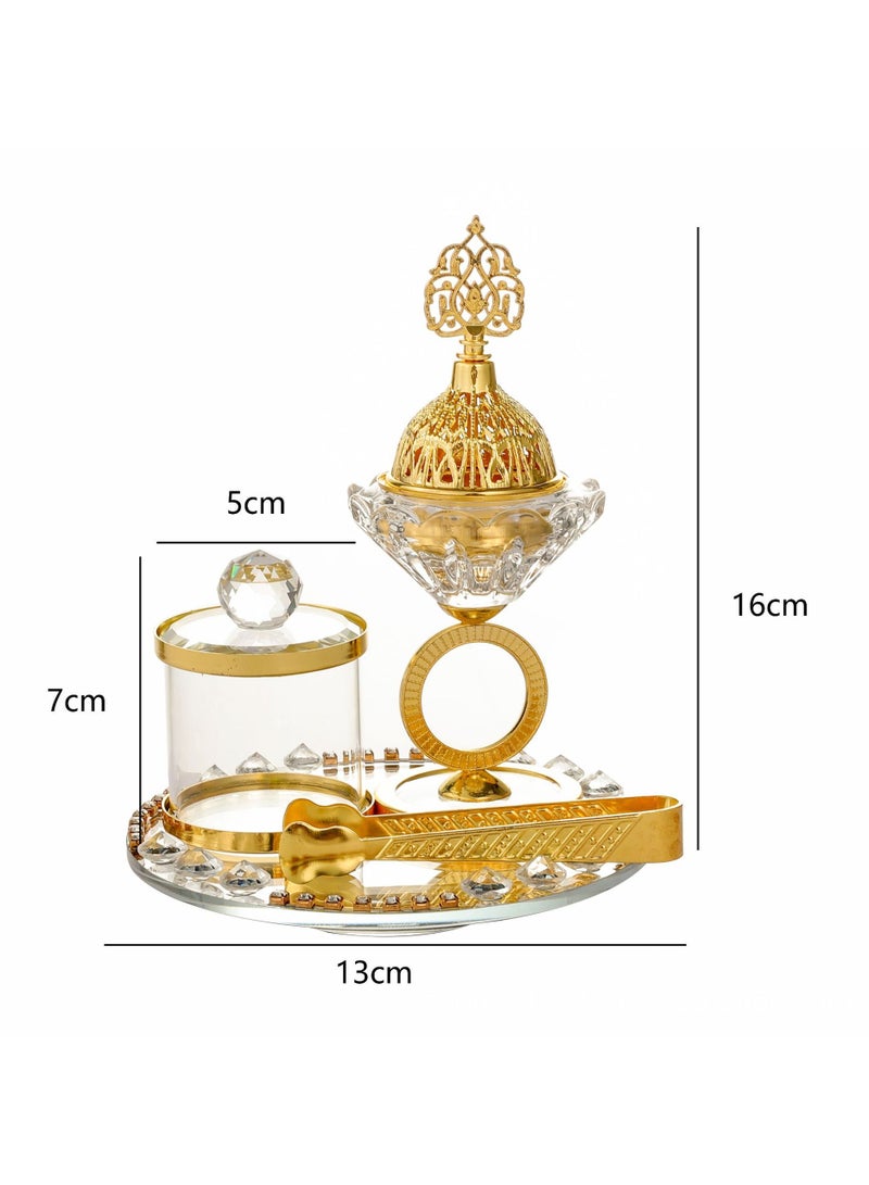 طقم مبخرة فحم، مبخرة عود، مبخرة فحم، مجموعة كريستالية - 3 قطع، طقم مبخرة مطلية بالذهب الفاخر - Image 2