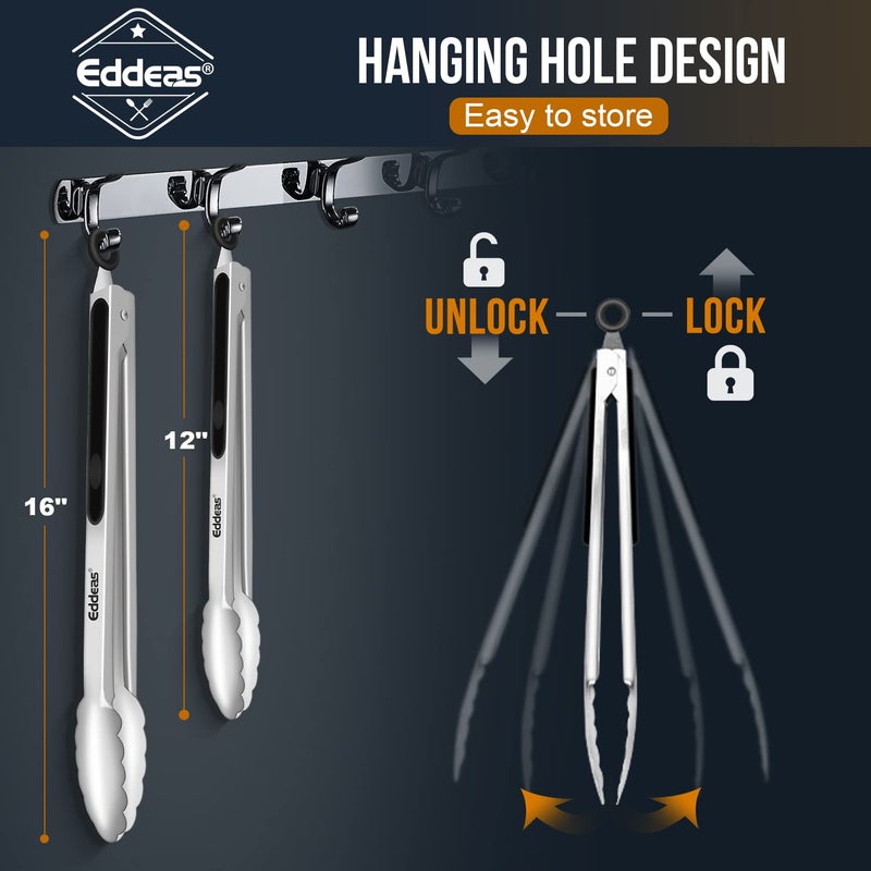 Eddeas Grill Tongs, Bbq tongs - 12" and 17 Inch Extra Long Kitchen Tong, Heat Resistant 600 Degrees Stainless Steel tongs, Metal Locking Tong for Cooking, Grilling, Outdoor Barbecue, Set of 2 - Image 4