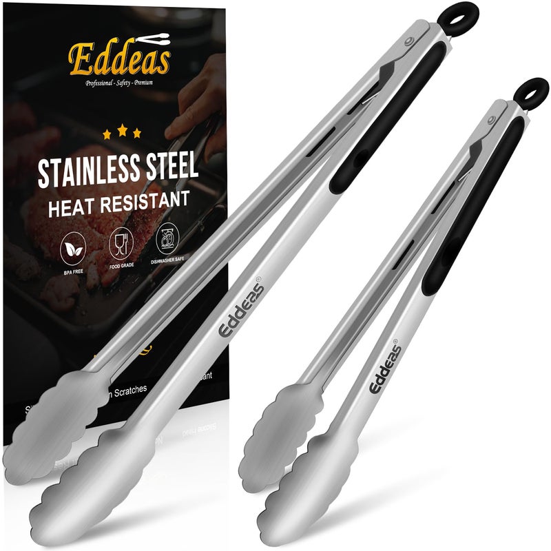 Eddeas Grill Tongs, Bbq tongs - 12" and 17 Inch Extra Long Kitchen Tong, Heat Resistant 600 Degrees Stainless Steel tongs, Metal Locking Tong for Cooking, Grilling, Outdoor Barbecue, Set of 2 - Image 1