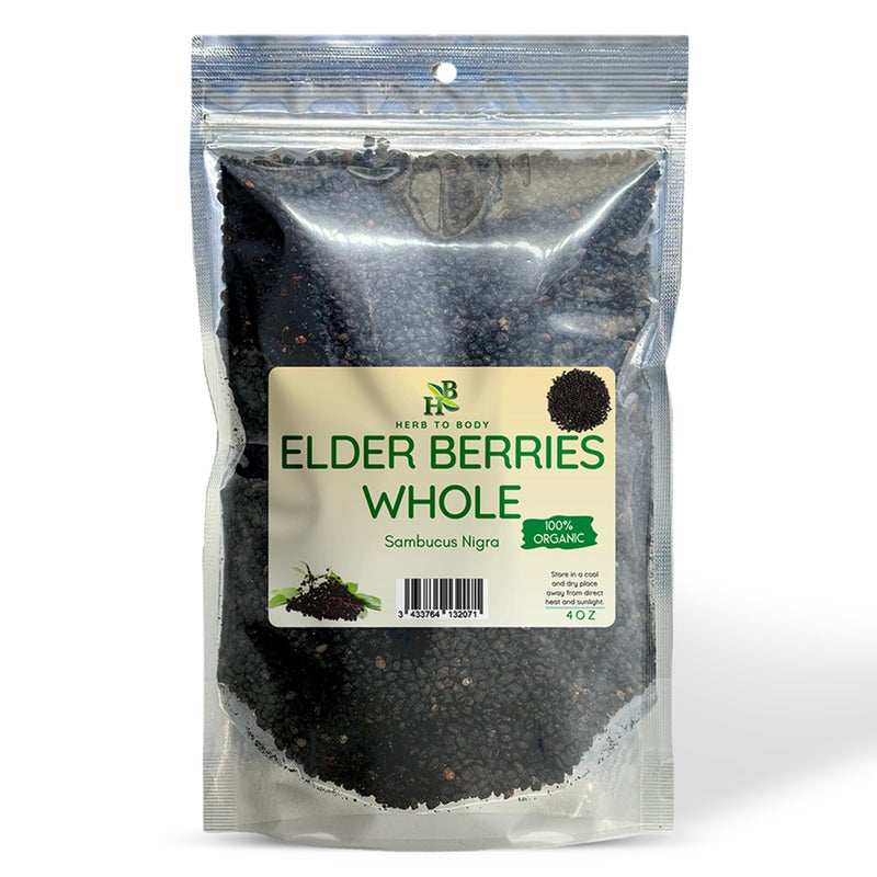 Herb To Body Organic Elderberry Dried Whole 4oz Wildcrafted Sambucus Elderberry for Syrup Teas and Herbal Recipes