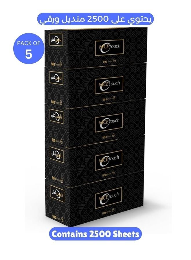 NICE Touch مناديل وجه 1 طبقة 2500 ورقة، 5 عبوات من 500 ورقة - تحتوي على 2500 مناديل فاخرة، ناعمة وامتصاصها جيد تناسب جميع أنواع البشرة - Image 1