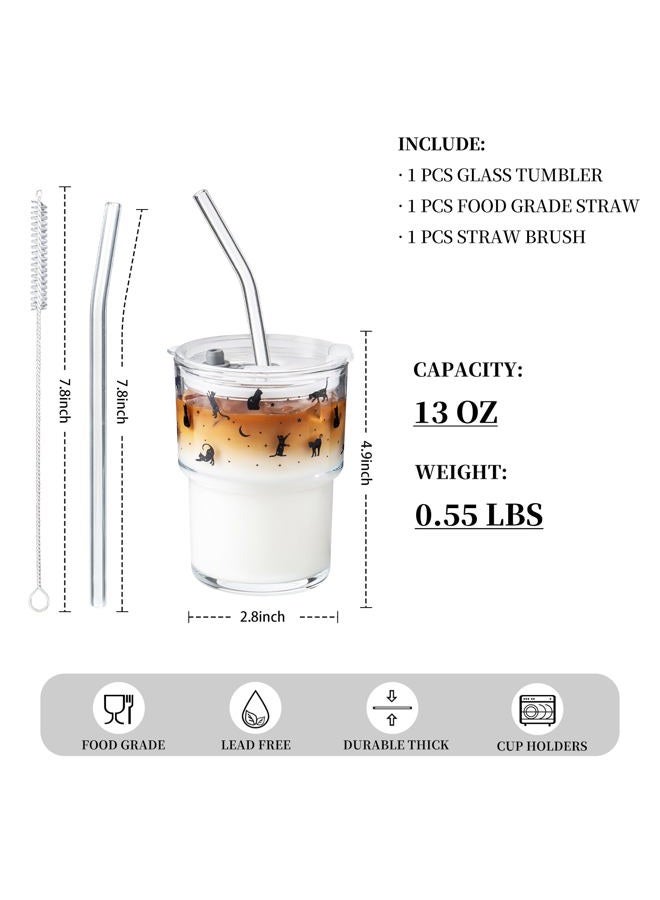 Olvini 13oz Glass Tumbler with Straw and Lid, Reusable Iced Coffee Cup Tumbler, Cute Glass Cups for Water, Matcha, Travel Coffee Mugs (Black Cat - 13oz) - Image 3