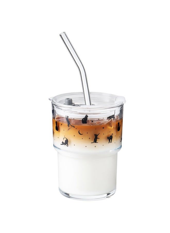 Olvini 13oz Glass Tumbler with Straw and Lid, Reusable Iced Coffee Cup Tumbler, Cute Glass Cups for Water, Matcha, Travel Coffee Mugs (Black Cat - 13oz) - Image 1