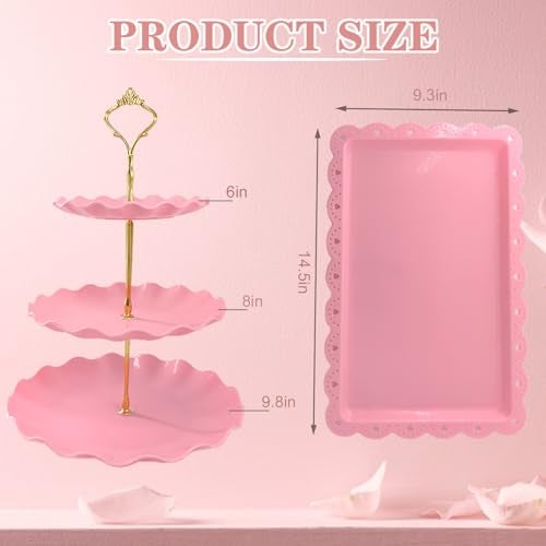 NAXIHOPT 5 Pcs Dessert Table Display Set Pink Plastic 2 Pcs Round 3 Tier Cupcake Stand Cup Cake Tower Stand with Metal Rod 3 Pcs Serving Tray for Baby Shower Tea Party Wedding Birthday Party - Image 3