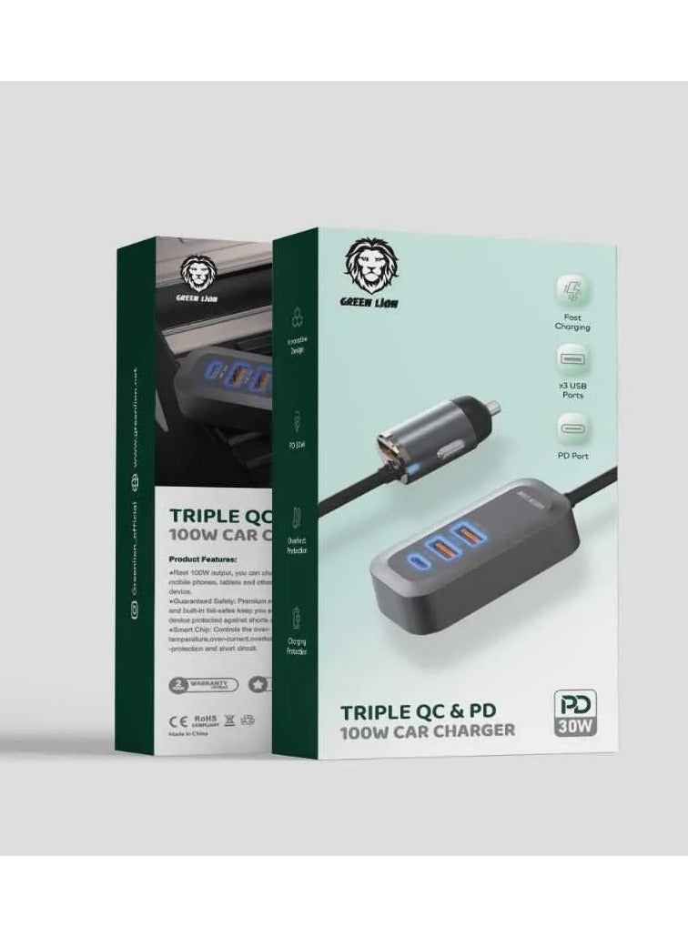 GREEN LION Triple QC & PD 100W Car Charger Fast Charging Innovative Design with 3 USB Ports & Overheat Protection - Black - Image 2
