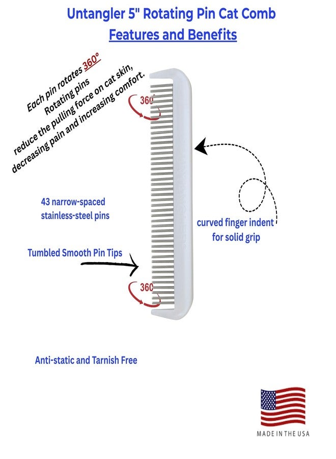 Untangler Cat Comb with Silky Smooth Rotating Teeth - Clears Mats Gently (5" Ultra Fine Teeth; 7" Dual Teeth) (White, 5") - Image 4