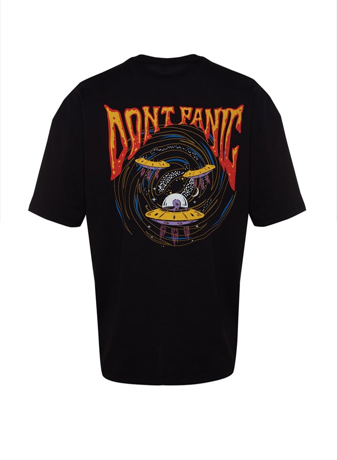 trendyol Black Oversize/Wide-Fit Short Sleeve Space Printed 100% Cotton T-Shirt TMNSS23TS00120 - Image 5