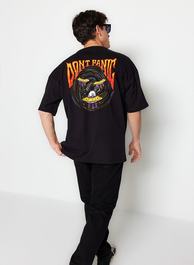 trendyol Black Oversize/Wide-Fit Short Sleeve Space Printed 100% Cotton T-Shirt TMNSS23TS00120 - Image 3