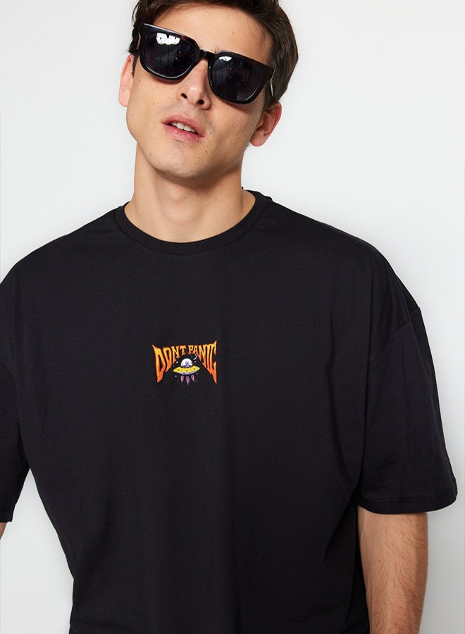 trendyol Black Oversize/Wide-Fit Short Sleeve Space Printed 100% Cotton T-Shirt TMNSS23TS00120 - Image 2