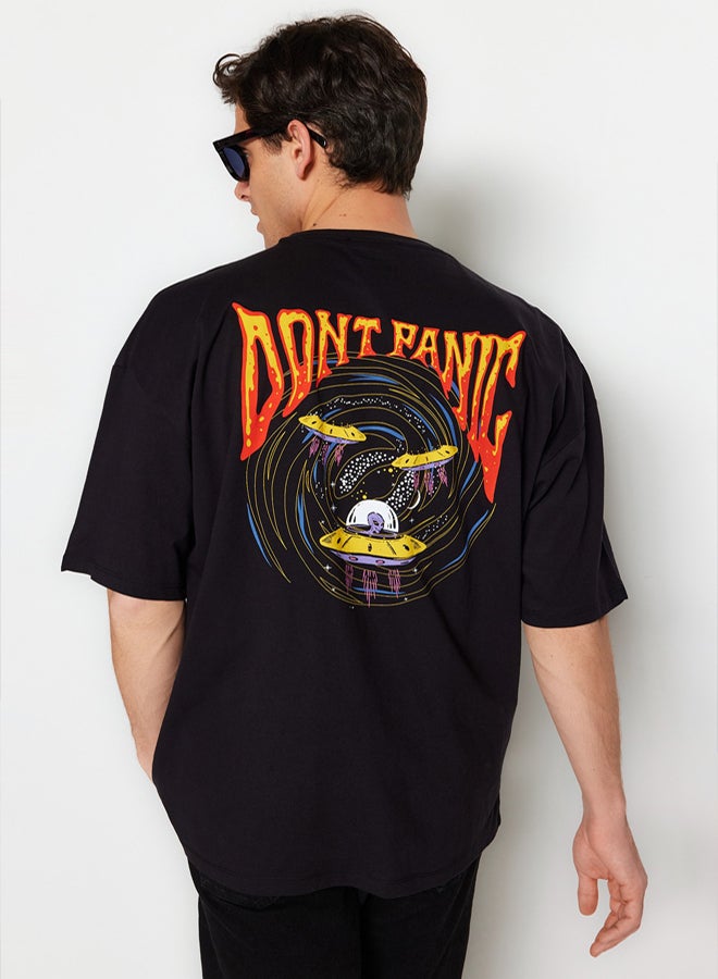 trendyol Black Oversize/Wide-Fit Short Sleeve Space Printed 100% Cotton T-Shirt TMNSS23TS00120 - Image 1