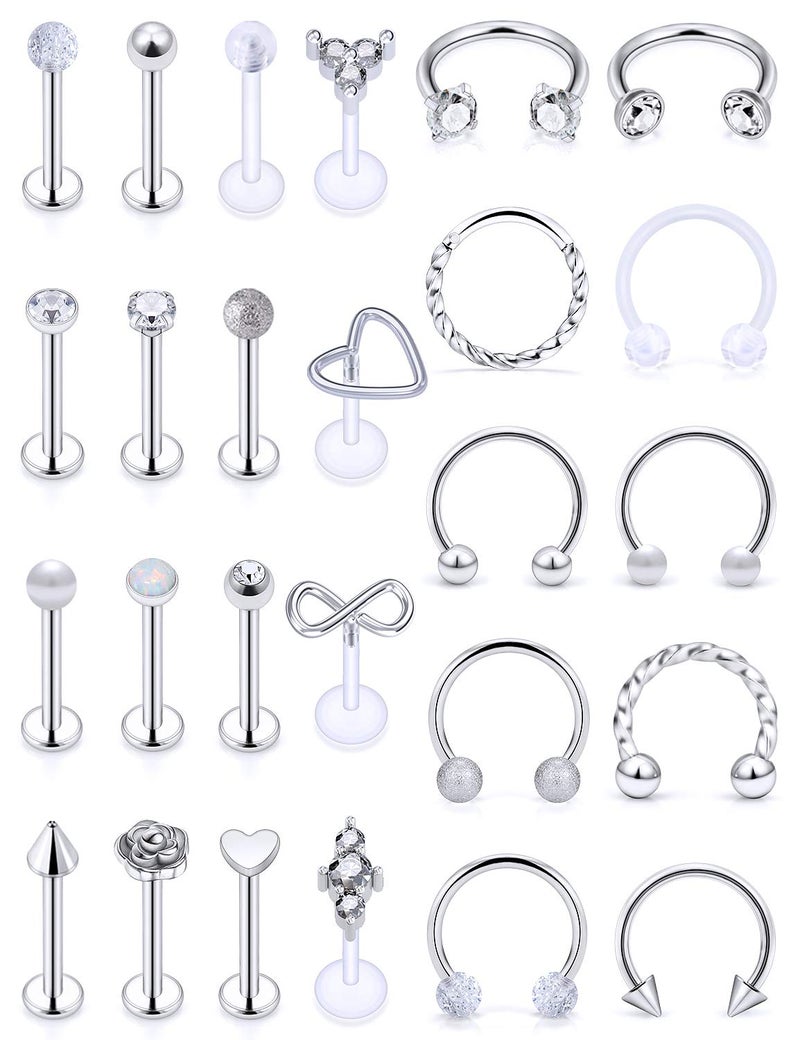Vsnnsns 16G Lip Rings Stainless Steel Horseshoe Snake Bite Monroe Labret Medusa Lip Piercing Jewelry Tragus Daith Helix Conch Cartilage Earrings Studs Piercing Jewelry For Women Men Silver 16 Gauge - Image 1