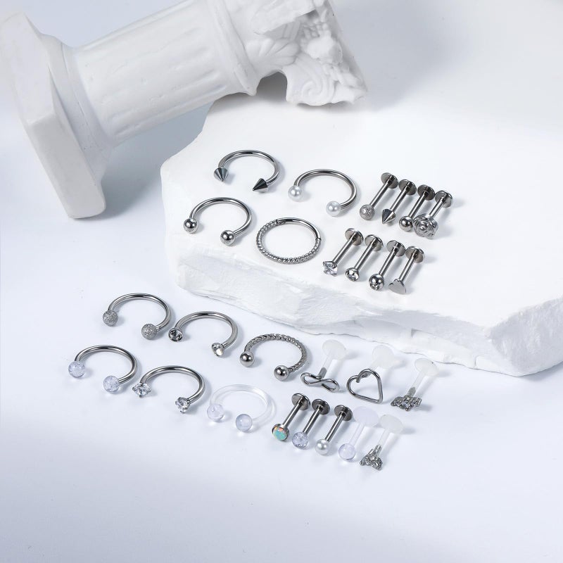 Vsnnsns 16G Lip Rings Stainless Steel Horseshoe Snake Bite Monroe Labret Medusa Lip Piercing Jewelry Tragus Daith Helix Conch Cartilage Earrings Studs Piercing Jewelry For Women Men Silver 16 Gauge - Image 2