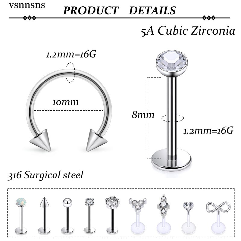 Vsnnsns 16G Lip Rings Stainless Steel Horseshoe Snake Bite Monroe Labret Medusa Lip Piercing Jewelry Tragus Daith Helix Conch Cartilage Earrings Studs Piercing Jewelry For Women Men Silver 16 Gauge - Image 3
