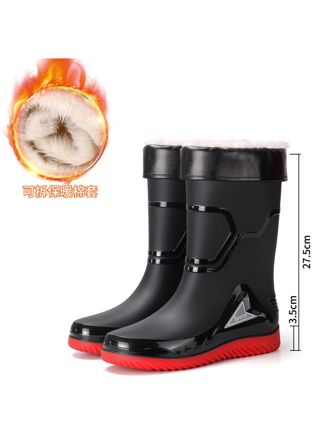 Men's Rain Boots High-top Waterproof Shoes Cowhide Sole Wear-resistant Mid-calf Rain Boots Fleece-lined Labor Protection Rubber Shoes Construction Site Fishing Car Washing Water Boots