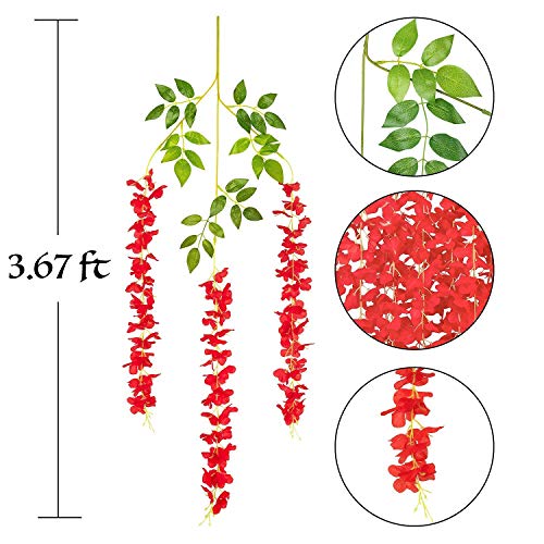 Tia Crafts Polyester Artificial Hanging Flowers For Ceiling Balcony | Wisteria Vine | Home Party Decor Garden Outdoor Greenery Office Wall Decoration | Waterproof Washable - 3.7Ft/45 Inch (Red, 12) - Image 4