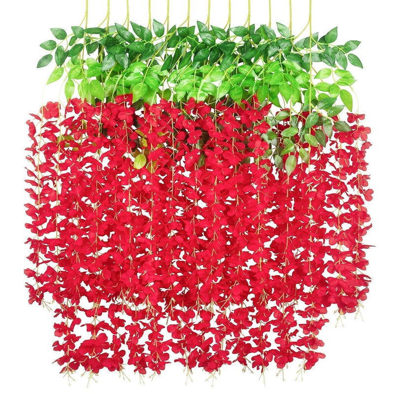 Tia Crafts Polyester Artificial Hanging Flowers For Ceiling Balcony | Wisteria Vine | Home Party Decor Garden Outdoor Greenery Office Wall Decoration | Waterproof Washable - 3.7Ft/45 Inch (Red, 12) - Image 5