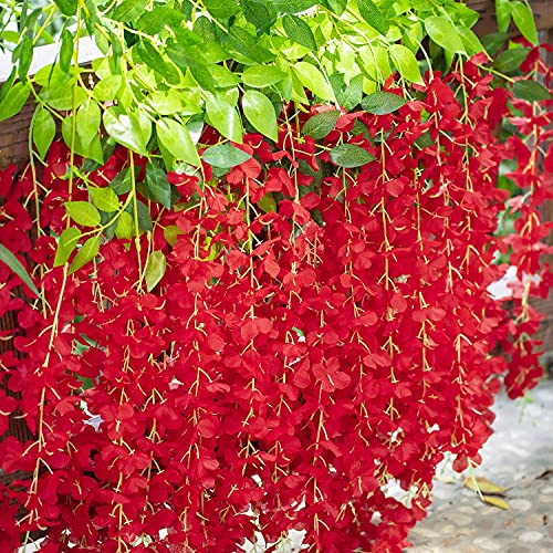 Tia Crafts Polyester Artificial Hanging Flowers For Ceiling Balcony | Wisteria Vine | Home Party Decor Garden Outdoor Greenery Office Wall Decoration | Waterproof Washable - 3.7Ft/45 Inch (Red, 12) - Image 3
