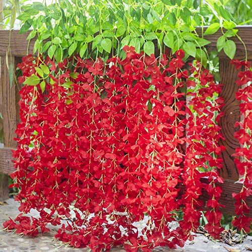 Tia Crafts Polyester Artificial Hanging Flowers For Ceiling Balcony | Wisteria Vine | Home Party Decor Garden Outdoor Greenery Office Wall Decoration | Waterproof Washable - 3.7Ft/45 Inch (Red, 12) - Image 2