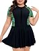 JadeRich Women One Piece Rash Guard Swimwear Short Sleeve Sun Protection Zipper Swim Dress Skirted Bathing Suit BlackGreen - Image 2