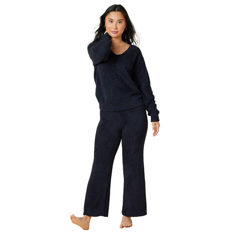 Softies Marshmallow V Neck Lounge Set for Women Ultra Soft 2 Piece Loungewear with Relaxed Top and Straight Leg Pants, Black, M - Image 1