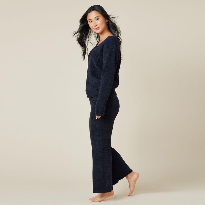 Softies Marshmallow V Neck Lounge Set for Women Ultra Soft 2 Piece Loungewear with Relaxed Top and Straight Leg Pants, Black, M - Image 3