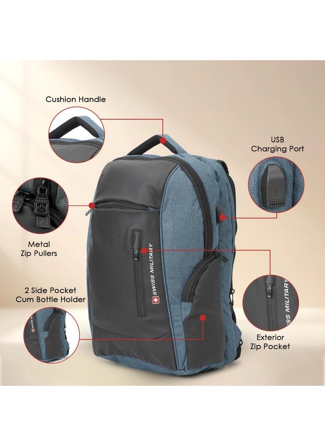 SWISS MILITARY Swiss Military Multipurpose Laptop Backpack with USB Charging Port, Anti Theft Laptop Compartment, Wear Resistant with Rain Cover, Travel Backpack for Men |Bagpacker Bag for Men, 28L, Black & Blue, 1  - Image 3