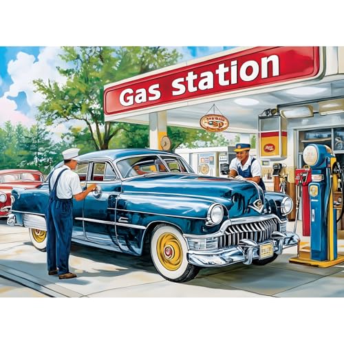 VOLUVOLU 500 Pieces Jigsaw Puzzles for Adults Gas Station Puzzle for Adults Seniors Retro Style Puzzle 500 Pieces Gift for Birthday Home Decor Fun for Family Entertainment205 15 in - Image 1
