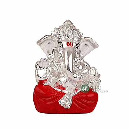 INDICAST Hand Carved Silver Plated God Ganesha Resin Idol Sculpture Statue Murti for Office & and Home Décor & Gifts (3x2x5.5cm, Red) - Image 4