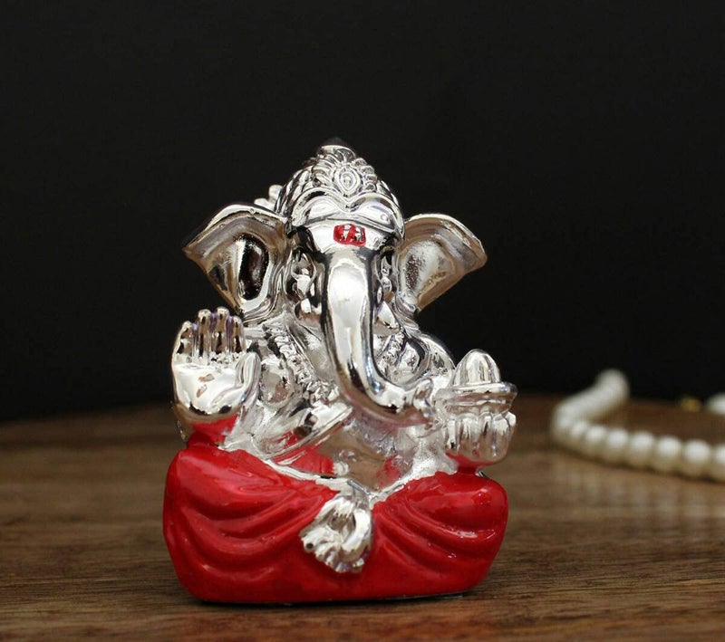 INDICAST Hand Carved Silver Plated God Ganesha Resin Idol Sculpture Statue Murti for Office & and Home Décor & Gifts (3x2x5.5cm, Red) - Image 2