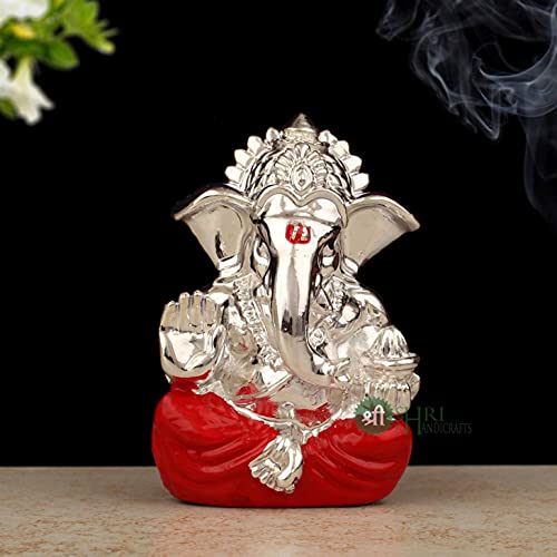INDICAST Hand Carved Silver Plated God Ganesha Resin Idol Sculpture Statue Murti for Office & and Home Décor & Gifts (3x2x5.5cm, Red) - Image 1