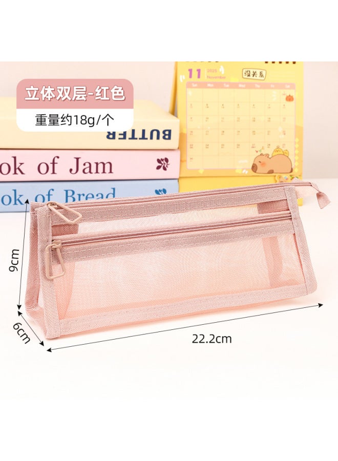 HELPS Double-layer Three-dimensional Transparent Mesh Pen Bag Large Capacity Pencil Bag For Primary School Students Examination Special Zipper Stationery Box - Image 1