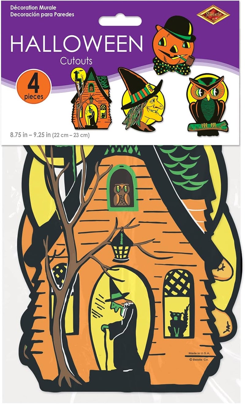 Beistle 4 Piece Retro Vintage Happy Halloween Cut Outs - Cat, Witch, Owl, Jack O Lantern Decorations - Image 4