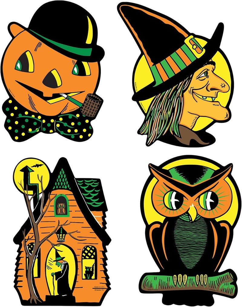 Beistle 4 Piece Retro Vintage Happy Halloween Cut Outs - Cat, Witch, Owl, Jack O Lantern Decorations - Image 1