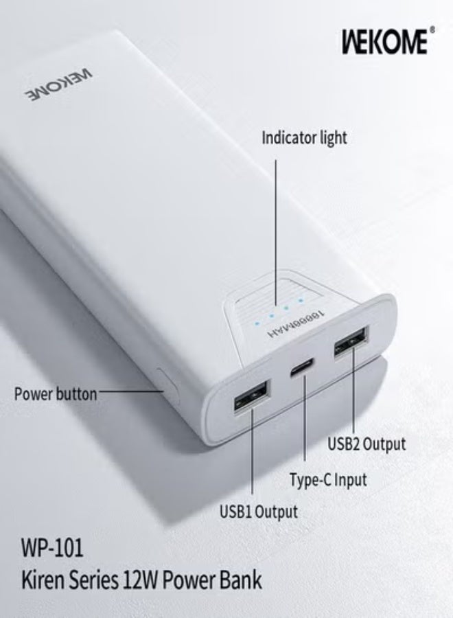 ويكومي WP-101 Power Bank 10000mAh – Super Fast Charging Portable Battery with Triple Inputs (Type-C, Micro USB & USB), Dual USB Outputs, 50% Charge in 30 Minutes*, Compact Lightweight Design for Travel, LED Battery Indicator & Smart Protection – White - Image 2