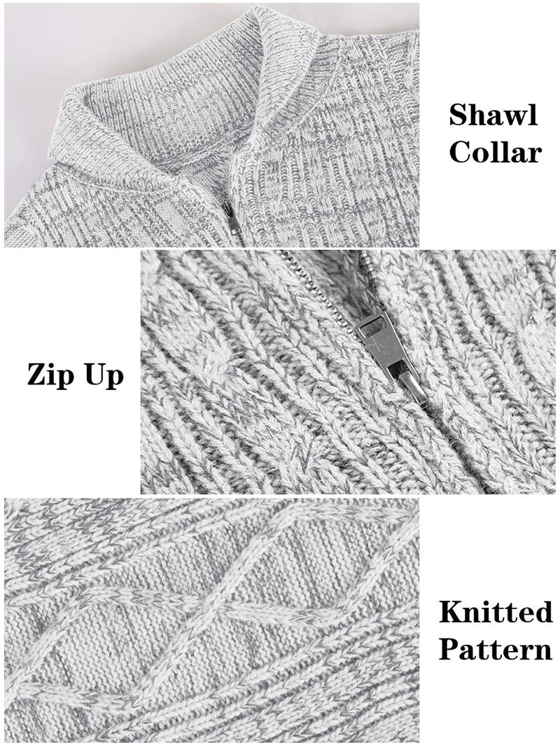 Ryannology Mens Shawl Neck Cardigan Sweater Cable Knit Zip Up Winter Casual Sweaters with Pockets Light Grey - Image 4