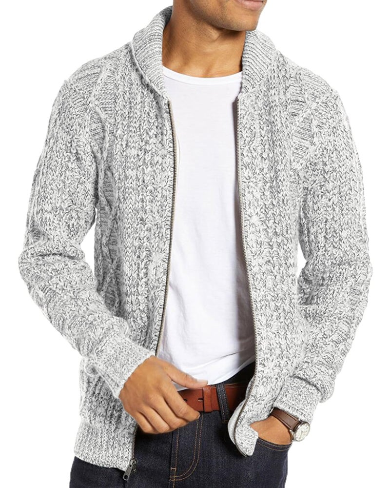 Ryannology Mens Shawl Neck Cardigan Sweater Cable Knit Zip Up Winter Casual Sweaters with Pockets Light Grey - Image 1