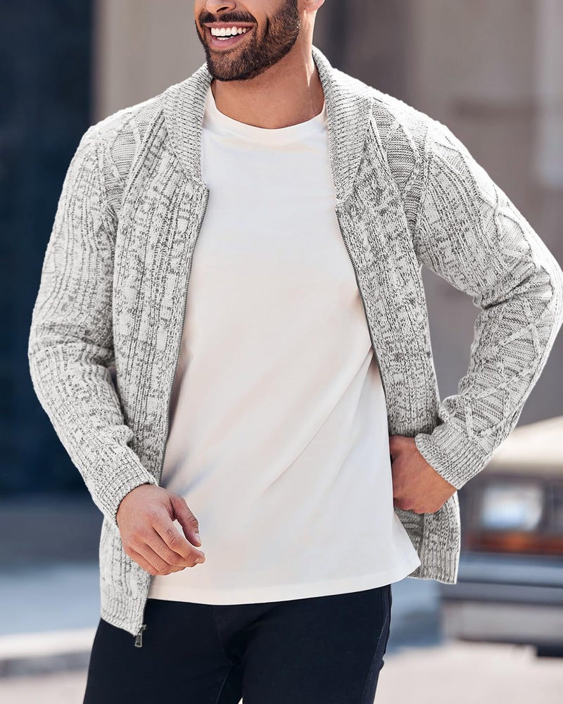 Ryannology Mens Shawl Neck Cardigan Sweater Cable Knit Zip Up Winter Casual Sweaters with Pockets Light Grey - Image 3