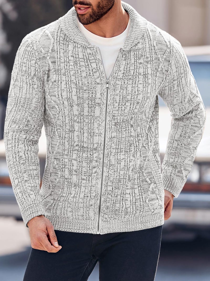 Ryannology Mens Shawl Neck Cardigan Sweater Cable Knit Zip Up Winter Casual Sweaters with Pockets Light Grey - Image 2