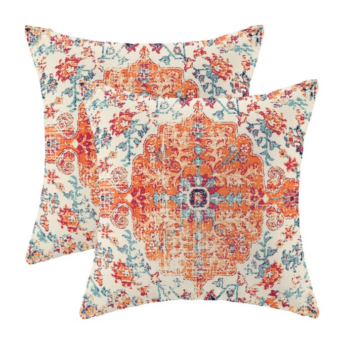 Boho Pillow Covers 16x16 Inch Set of 2Carpet Pattern Throw Pillows CaseOrange Blue Ethnic Design Outdoor Decorative Square Linen Farmhouse Decor Cushion Covers for Home Sofa Bed Couch