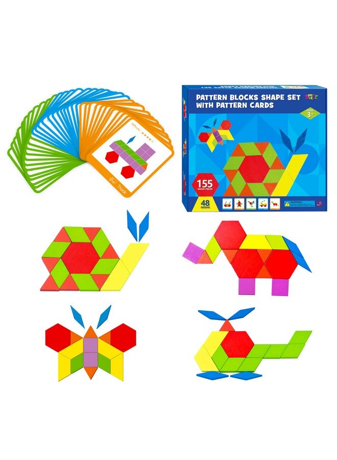 SpriteGru 155 PCS Wooden Pattern Blocks Set, 24 Double-Sided Design Cards(48 Patterns) Geometric Shape Puzzle Fun Tangram Montessori Learning Toys for Kids Ages 4-8 (A Storage Bag & A Gift Box)  - Image 1