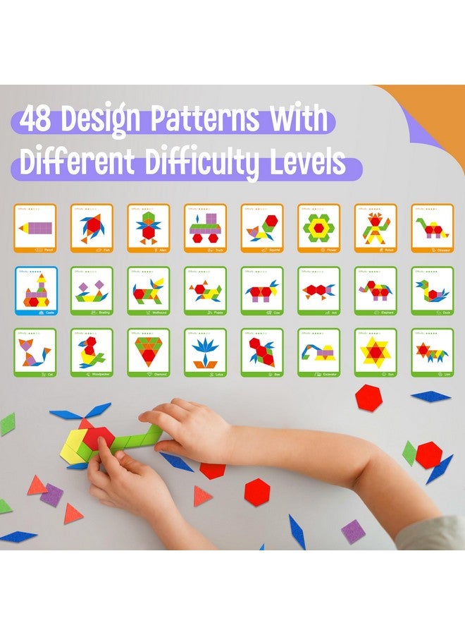 SpriteGru 155 PCS Wooden Pattern Blocks Set, 24 Double-Sided Design Cards(48 Patterns) Geometric Shape Puzzle Fun Tangram Montessori Learning Toys for Kids Ages 4-8 (A Storage Bag & A Gift Box)  - Image 4