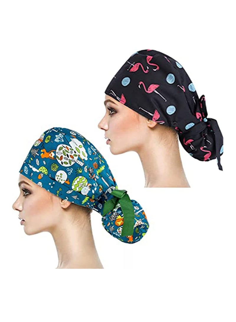 2 Pack Working Cap with Buttons and Sweatband Adjustable, Cotton Working Hats with Adjustable Ponytail Pack, Head Covers Shower Caps, Sweatband Ribbon Tie Back Hats for Long Hair Women - Image 1