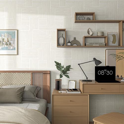 Naphite Modern Stripe Peel and Stick Wallpaper Boho Contact Paper for Cabinets Drawers Geometric Self Adhesive Removable Wallpaper for Bedroom Waterproof Beige/White Neutral Wall Decor 17.3inW 78.7inL - Image 5