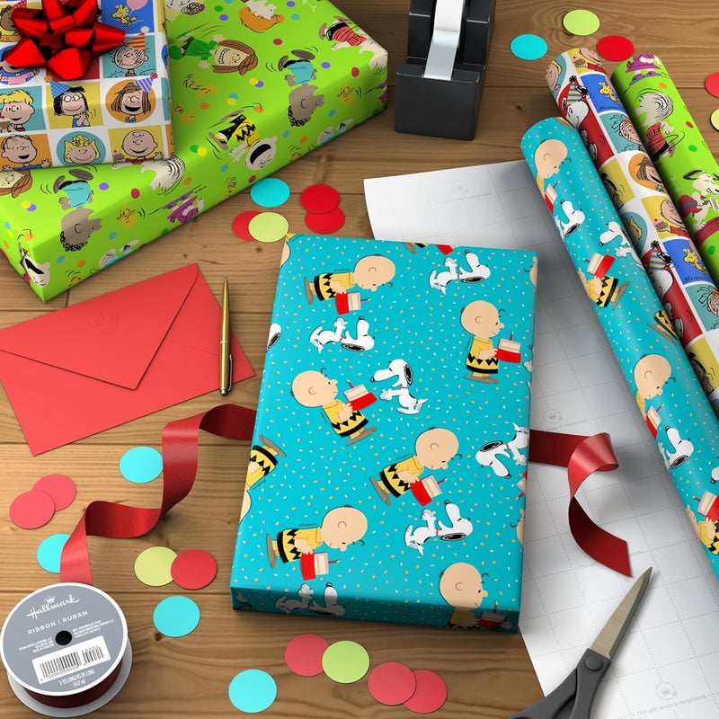 Hallmark Peanuts Wrapping Paper Rolls for Birthdays, Easter, Christmas (Set of 3 Rolls: 60 Sq. Ft. Total) Snoopy, Charlie Brown, Woodstock, Green, Blue, Red - Image 2