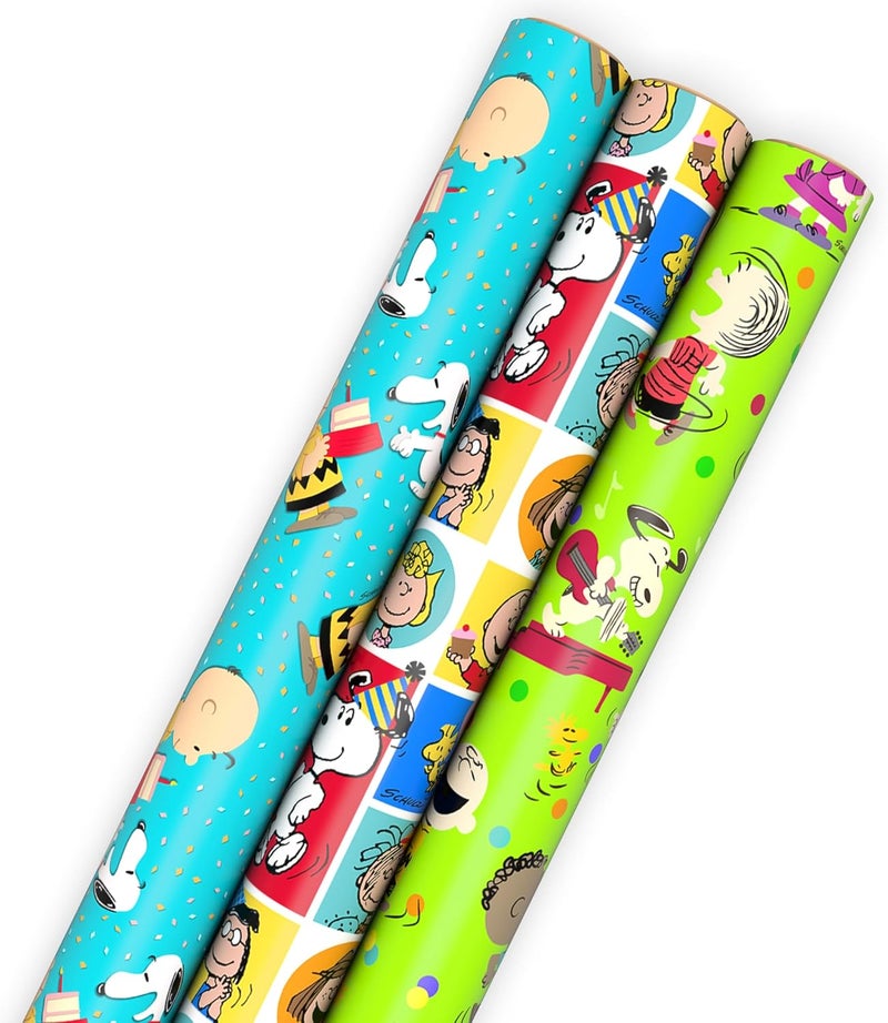 Hallmark Peanuts Wrapping Paper Rolls for Birthdays, Easter, Christmas (Set of 3 Rolls: 60 Sq. Ft. Total) Snoopy, Charlie Brown, Woodstock, Green, Blue, Red - Image 1